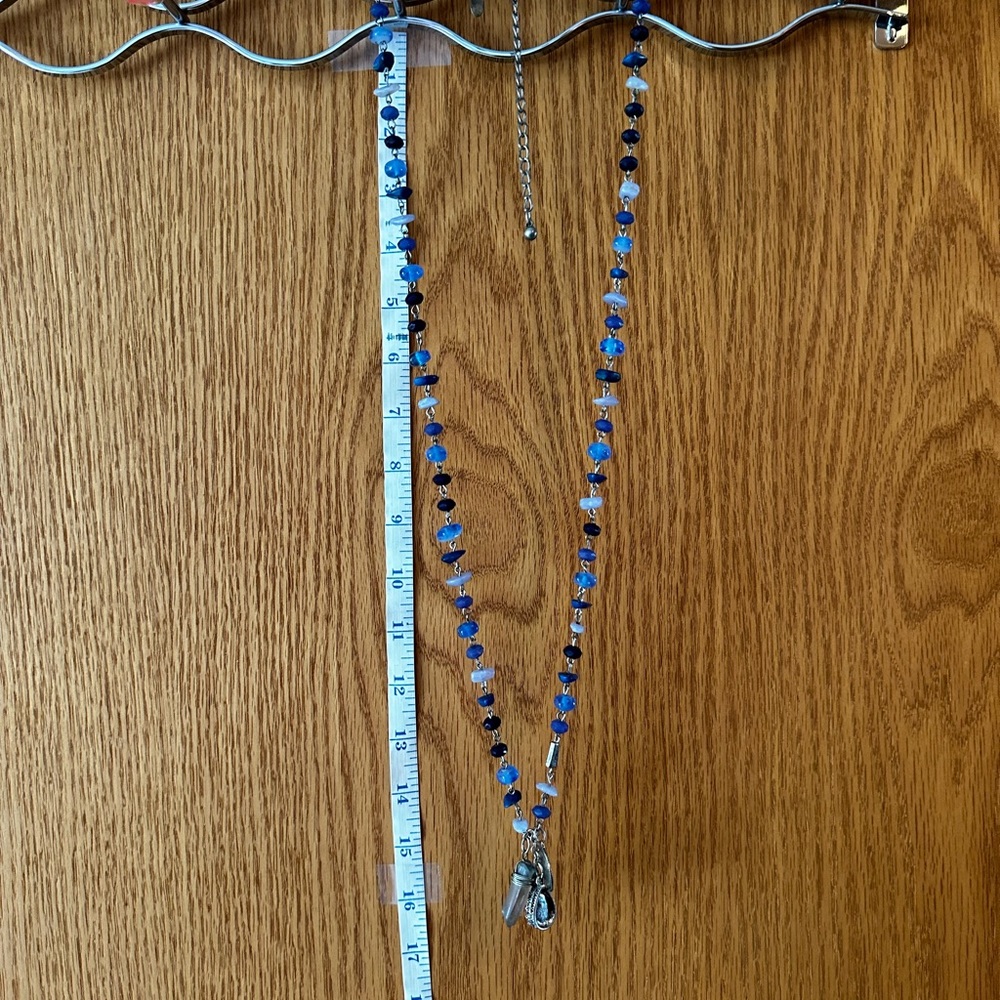 Chico’s Necklace, silver and blue beads with mini pendants